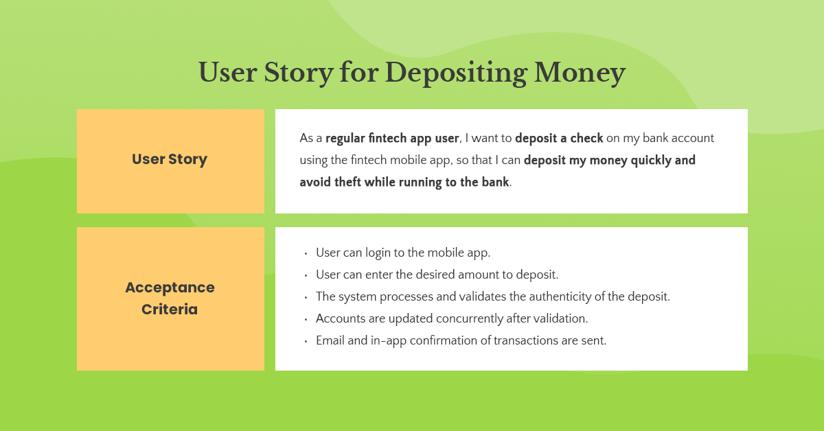 depositing money user story