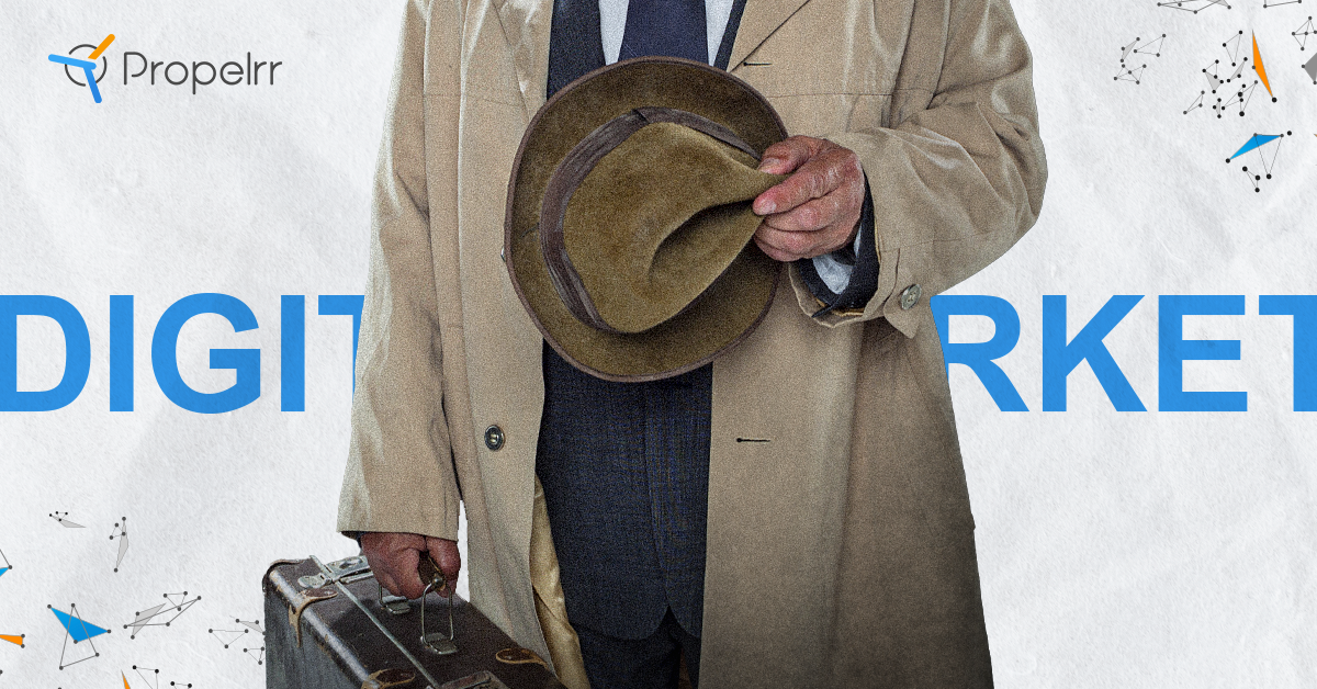 A man holding a briefcase with over an underlay text "Digital Marketing"