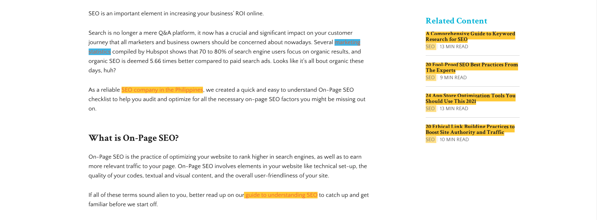 Sample screenshot of internal links for SEO