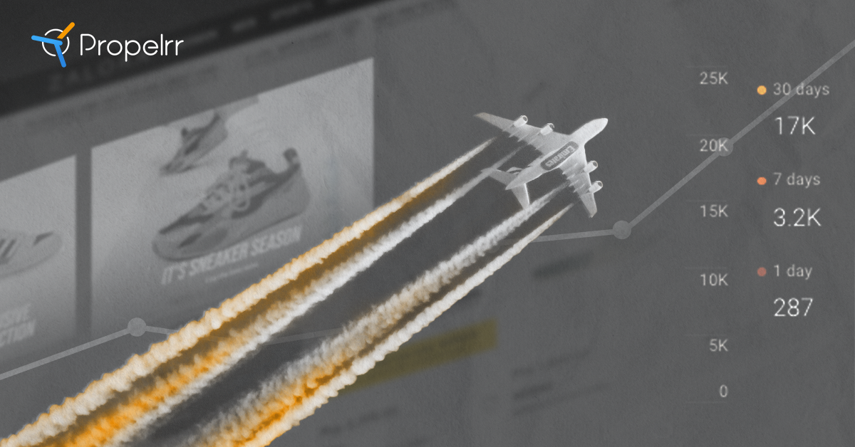 An airplane soaring over a background showing ecommerce analytics